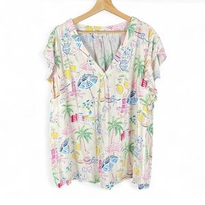 Calypso St. Barth 3X All Over Vacation Print V-Neck Blouse Lightweight Flowy